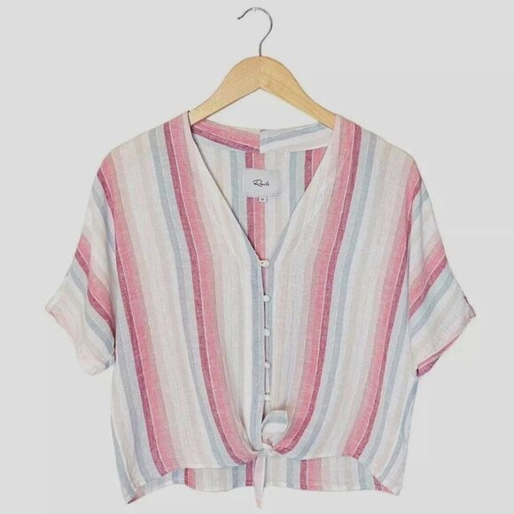 Rails Thea Linen Striped Shirt Womens L Tropic Stripe Metallic Thread Front Tie - Picture 2 of 13